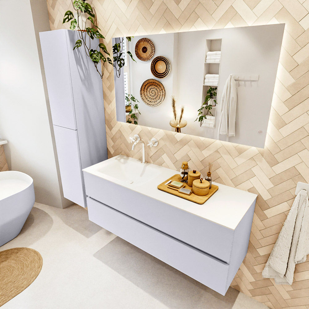 MONDIAZ VICA 130cm mueble de baño Cale 2 cajones. Lavabo CLOUD Izquierda 1 orificio color Talc con espejo LED. 1 MONDIAZ VICA 130cm mueble de baño Cale 2 cajones. Lavabo CLOUD Izquierda 1 orificio color Talc con espejo LED.