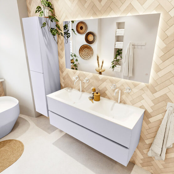 MONDIAZ VICA 130cm mueble de baño Cale 2 cajones. Lavabo CLOUD Doble 2 orificios color Talc con espejo LED.
