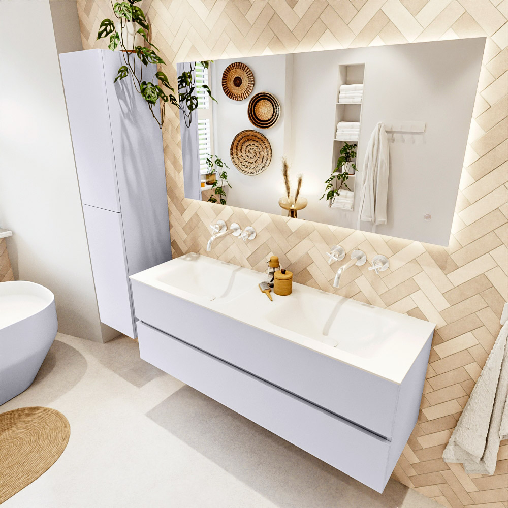 MONDIAZ VICA 140cm mueble de baño Cale 2 cajones. Lavabo CLOUD Doble sin orificio color Talc con espejo LED. 1 MONDIAZ VICA 140cm mueble de baño Cale 2 cajones. Lavabo CLOUD Doble sin orificio color Talc con espejo LED.