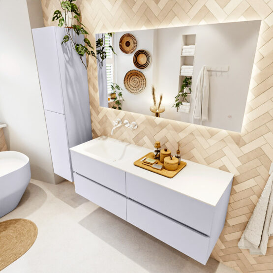 MONDIAZ VICA 140cm mueble de baño Cale 4 cajones. Lavabo CLOUD Izquierda sin orificio color Talc con espejo LED.