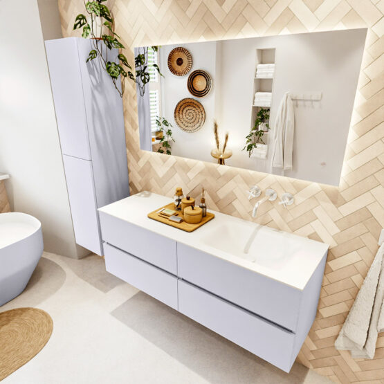 MONDIAZ VICA 140cm mueble de baño Cale 4 cajones. Lavabo CLOUD Derecho sin orificio color Talc con espejo LED.