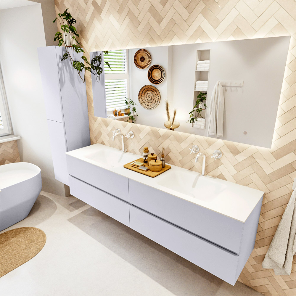 MONDIAZ VICA 190cm mueble de baño Cale 4 cajones. Lavabo CLOUD Doble 2 orificios color Talc con espejo LED. 1 MONDIAZ VICA 190cm mueble de baño Cale 4 cajones. Lavabo CLOUD Doble 2 orificios color Talc con espejo LED.