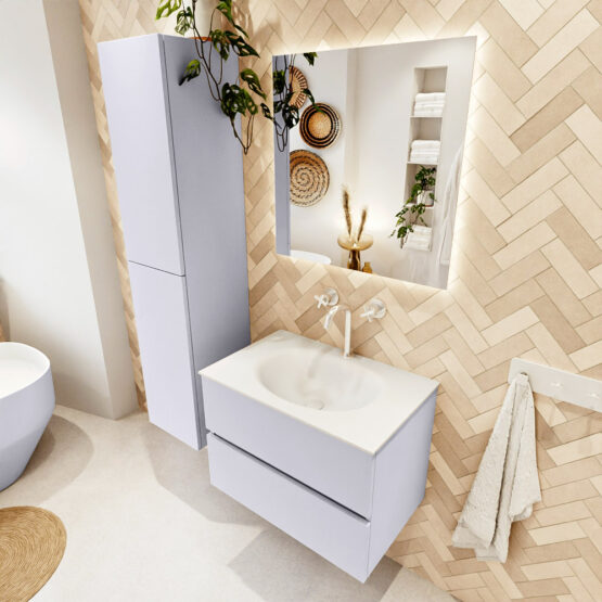 MONDIAZ VICA 70cm mueble de baño Cale 2 cajones. Lavabo MOON Centro 1 orificio color Talc con espejo LED.