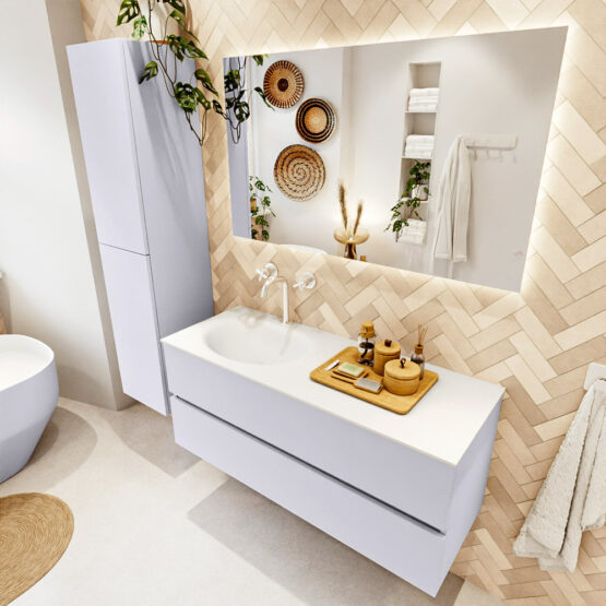 MONDIAZ VICA 120cm mueble de baño Cale 2 cajones. Lavabo MOON Izquierda 1 orificio color Talc con espejo LED.