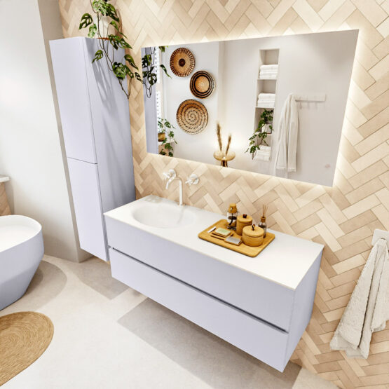 MONDIAZ VICA 130cm mueble de baño Cale 2 cajones. Lavabo MOON Izquierda 1 orificio color Talc con espejo LED.