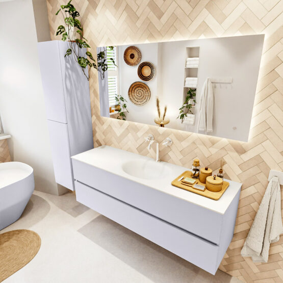 MONDIAZ VICA 150cm mueble de baño Cale 2 cajones. Lavabo MOON Centro 1 orificio color Talc con espejo LED.