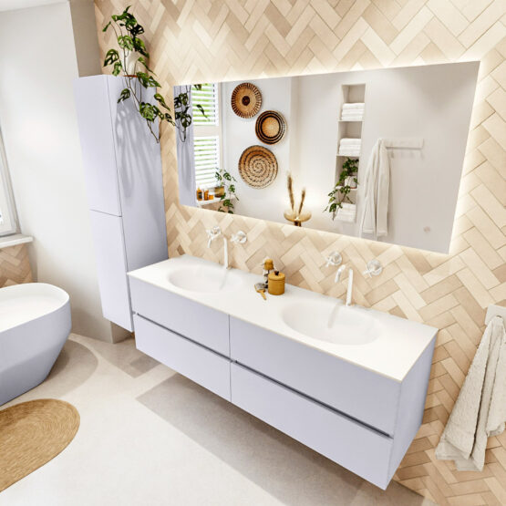 MONDIAZ VICA 160cm mueble de baño Cale 4 cajones. Lavabo MOON Doble 2 orificios color Talc con espejo LED.