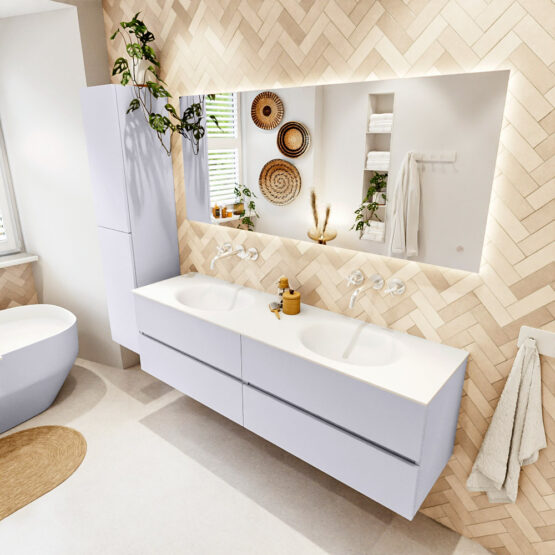 MONDIAZ VICA 170cm mueble de baño Cale 4 cajones. Lavabo MOON Doble sin orificio color Talc con espejo LED.