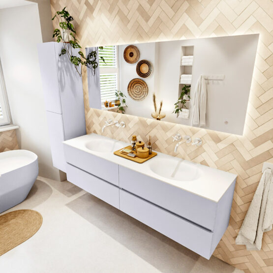 MONDIAZ VICA 180cm mueble de baño Cale 4 cajones. Lavabo MOON Doble sin orificio color Talc con espejo LED.