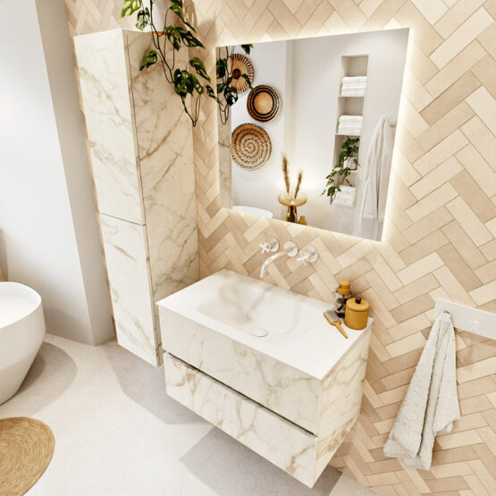 MONDIAZ VICA 80cm mueble de baño Carrara 2 cajones. Lavabo CLOUD Centro sin orificio color Talc con espejo LED.