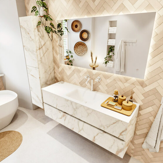 MONDIAZ VICA 140cm mueble de baño Carrara 2 cajones. Lavabo CLOUD Centro 1 orificio color Talc con espejo LED.