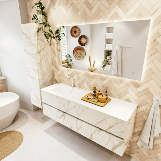 MONDIAZ VICA 150cm mueble de baño Carrara 2 cajones. Lavabo CLOUD Izquierda 1 orificio color Talc con espejo LED.