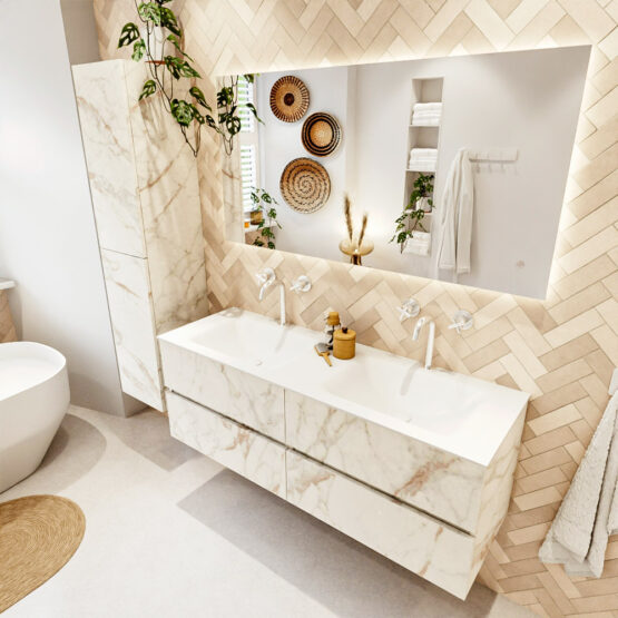 MONDIAZ VICA 140cm mueble de baño Carrara 4 cajones. Lavabo CLOUD Doble 2 orificios color Talc con espejo LED.