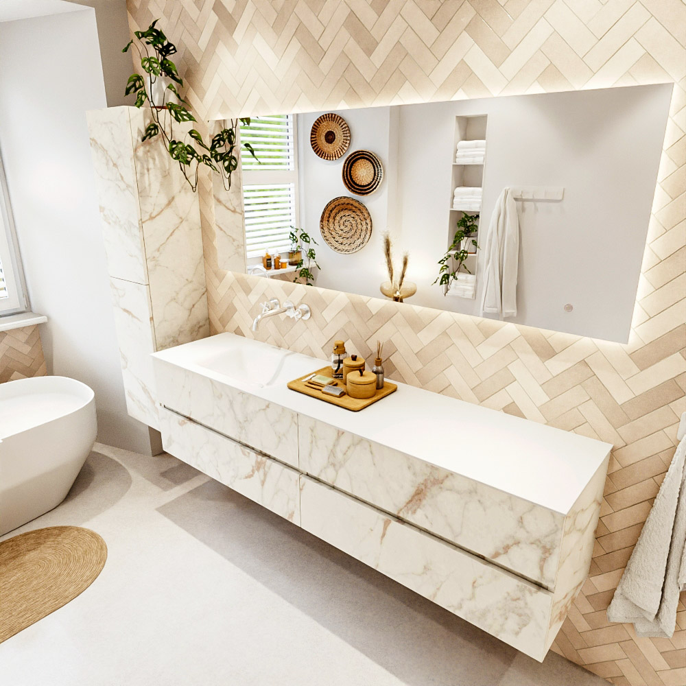 MONDIAZ VICA 190cm mueble de baño Carrara 4 cajones. Lavabo CLOUD Izquierda sin orificio color Talc con espejo LED. 1 MONDIAZ VICA 190cm mueble de baño Carrara 4 cajones. Lavabo CLOUD Izquierda sin orificio color Talc con espejo LED.
