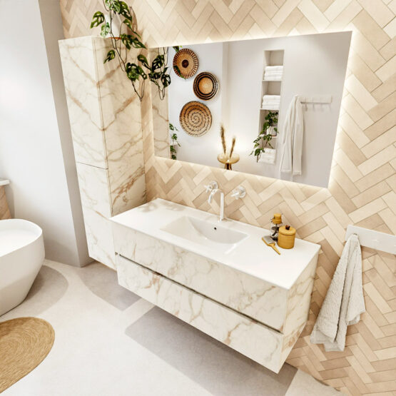 MONDIAZ VICA 120cm mueble de baño Carrara 2 cajones. Lavabo DENIA Centro 1 orificio color Blanco brillo con espejo LED.