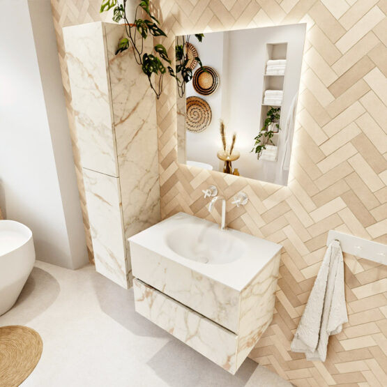 MONDIAZ VICA 70cm mueble de baño Carrara 2 cajones. Lavabo MOON Centro 1 orificio color Talc con espejo LED.
