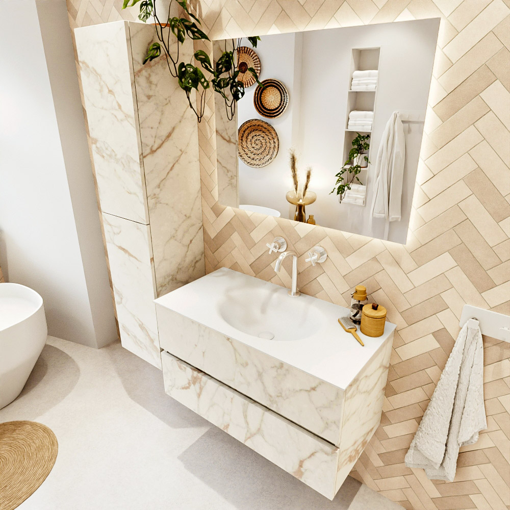 MONDIAZ VICA 90cm mueble de baño Carrara 2 cajones. Lavabo MOON Centro 1 orificio color Talc con espejo LED. 1 MONDIAZ VICA 90cm mueble de baño Carrara 2 cajones. Lavabo MOON Centro 1 orificio color Talc con espejo LED.
