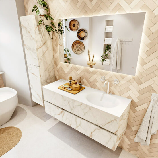 MONDIAZ VICA 130cm mueble de baño Carrara 2 cajones. Lavabo MOON Derecho 1 orificio color Talc con espejo LED.