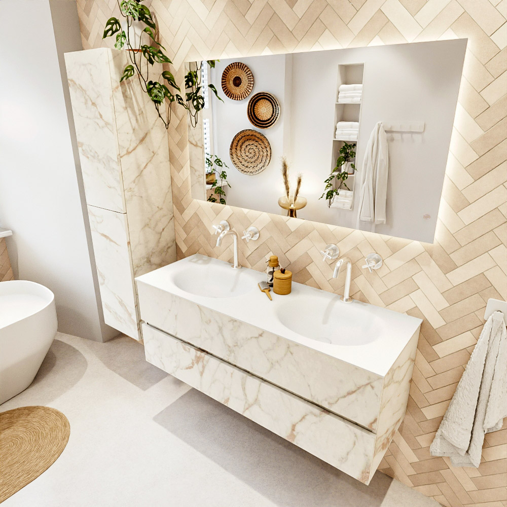 MONDIAZ VICA 130cm mueble de baño Carrara 2 cajones. Lavabo MOON Doble 2 orificios color Talc con espejo LED. 1 MONDIAZ VICA 130cm mueble de baño Carrara 2 cajones. Lavabo MOON Doble 2 orificios color Talc con espejo LED.