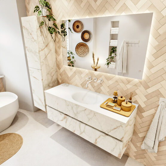 MONDIAZ VICA 130cm mueble de baño Carrara 2 cajones. Lavabo MOON Centro sin orificio color Talc con espejo LED.