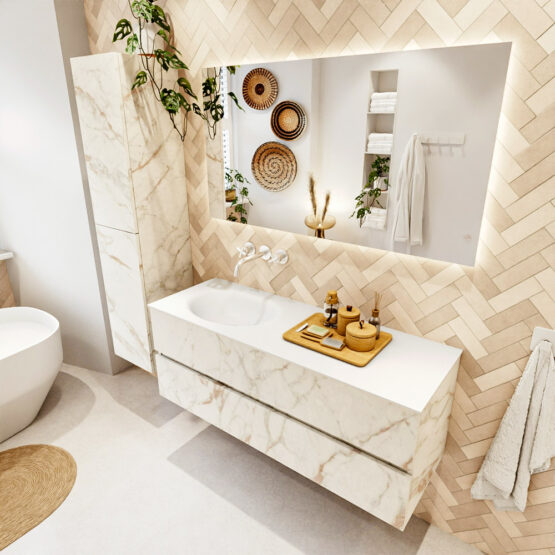 MONDIAZ VICA 130cm mueble de baño Carrara 2 cajones. Lavabo MOON Izquierda sin orificio color Talc con espejo LED.