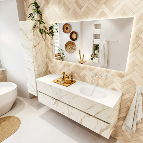 MONDIAZ VICA 150cm mueble de baño Carrara 2 cajones. Lavabo MOON Derecho sin orificio color Talc con espejo LED.