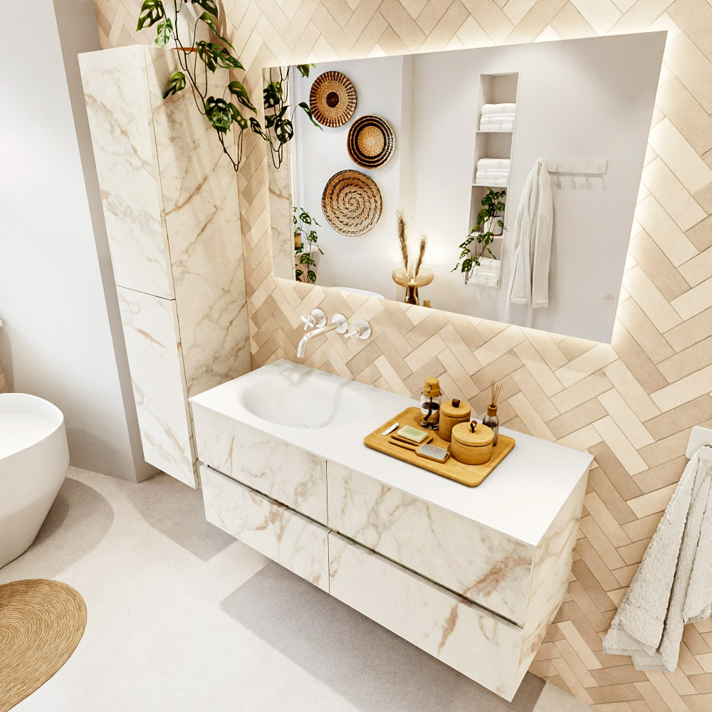MONDIAZ VICA 120cm mueble de baño Carrara 4 cajones. Lavabo MOON Izquierda sin orificio color Talc con espejo LED. 1 MONDIAZ VICA 120cm mueble de baño Carrara 4 cajones. Lavabo MOON Izquierda sin orificio color Talc con espejo LED.