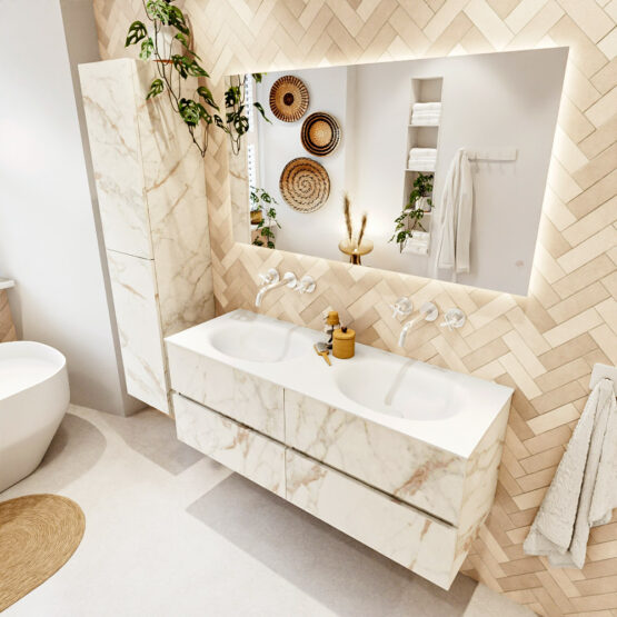 MONDIAZ VICA 130cm mueble de baño Carrara 4 cajones. Lavabo MOON Doble sin orificio color Talc con espejo LED.