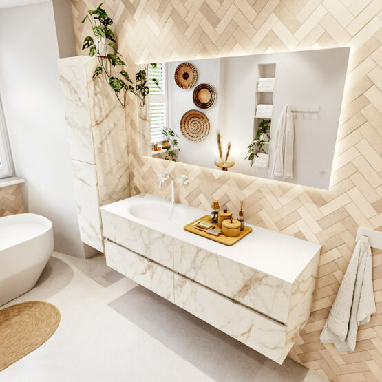 MONDIAZ VICA 150cm mueble de baño Carrara 4 cajones. Lavabo MOON Izquierda 1 orificio color Talc con espejo LED.