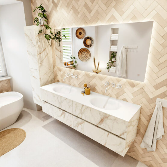 MONDIAZ VICA 170cm mueble de baño Carrara 4 cajones. Lavabo MOON Doble sin orificio color Talc con espejo LED.