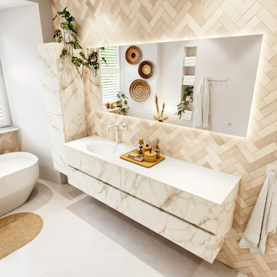 MONDIAZ VICA 180cm mueble de baño Carrara 4 cajones. Lavabo MOON Izquierda 1 orificio color Talc con espejo LED.