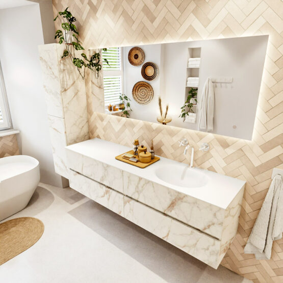 MONDIAZ VICA 180cm mueble de baño Carrara 4 cajones. Lavabo MOON Derecho 1 orificio color Talc con espejo LED.