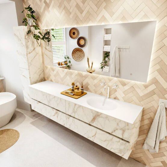 MONDIAZ VICA 200cm mueble de baño Carrara 4 cajones. Lavabo MOON Derecho 1 orificio color Talc con espejo LED.