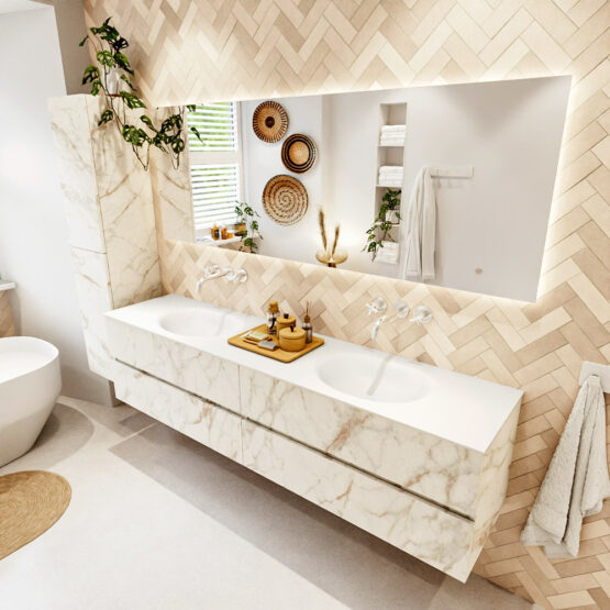 MONDIAZ VICA 200cm mueble de baño Carrara 4 cajones. Lavabo MOON Doble sin orificio color Talc con espejo LED.