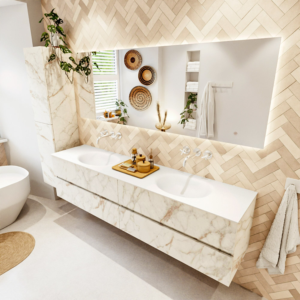 MONDIAZ VICA 200cm mueble de baño Carrara 4 cajones. Lavabo MOON Doble sin orificio color Talc con espejo LED. 1 MONDIAZ VICA 200cm mueble de baño Carrara 4 cajones. Lavabo MOON Doble sin orificio color Talc con espejo LED.
