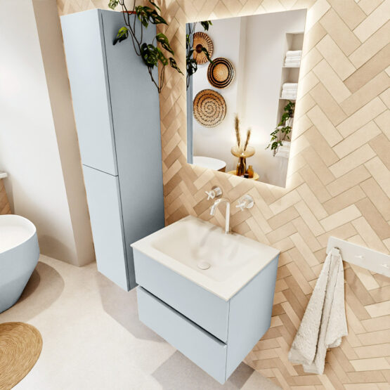 MONDIAZ VICA 60cm mueble de baño Clay 2 cajones. Lavabo CLOUD Centro 1 orificio color Talc con espejo LED.