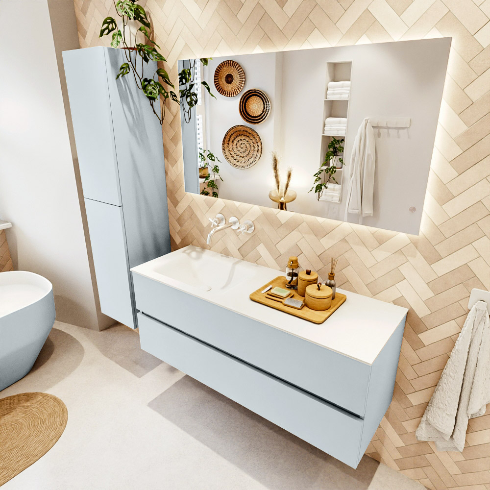 MONDIAZ VICA 130cm mueble de baño Clay 2 cajones. Lavabo CLOUD Izquierda sin orificio color Talc con espejo LED. 1 MONDIAZ VICA 130cm mueble de baño Clay 2 cajones. Lavabo CLOUD Izquierda sin orificio color Talc con espejo LED.