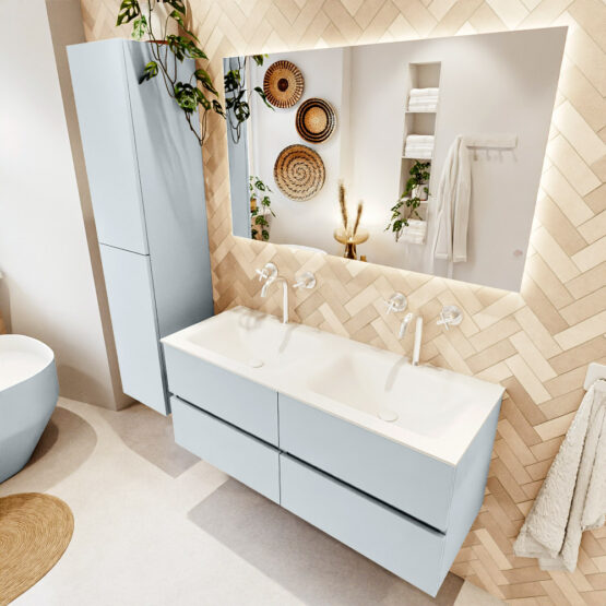 MONDIAZ VICA 120cm mueble de baño Clay 4 cajones. Lavabo CLOUD Doble 2 orificios color Talc con espejo LED.