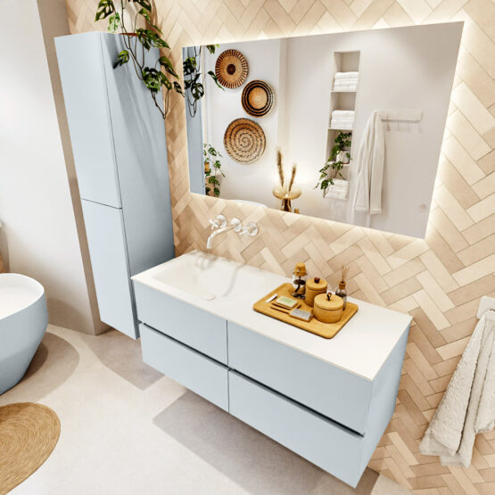 MONDIAZ VICA 120cm mueble de baño Clay 4 cajones. Lavabo CLOUD Izquierda sin orificio color Talc con espejo LED.