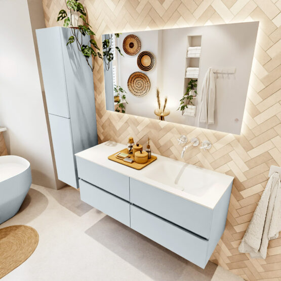 MONDIAZ VICA 130cm mueble de baño Clay 4 cajones. Lavabo CLOUD Derecho sin orificio color Talc con espejo LED.