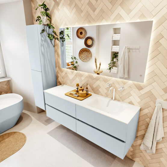 MONDIAZ VICA 150cm mueble de baño Clay 4 cajones. Lavabo CLOUD Derecho 1 orificio color Talc con espejo LED.