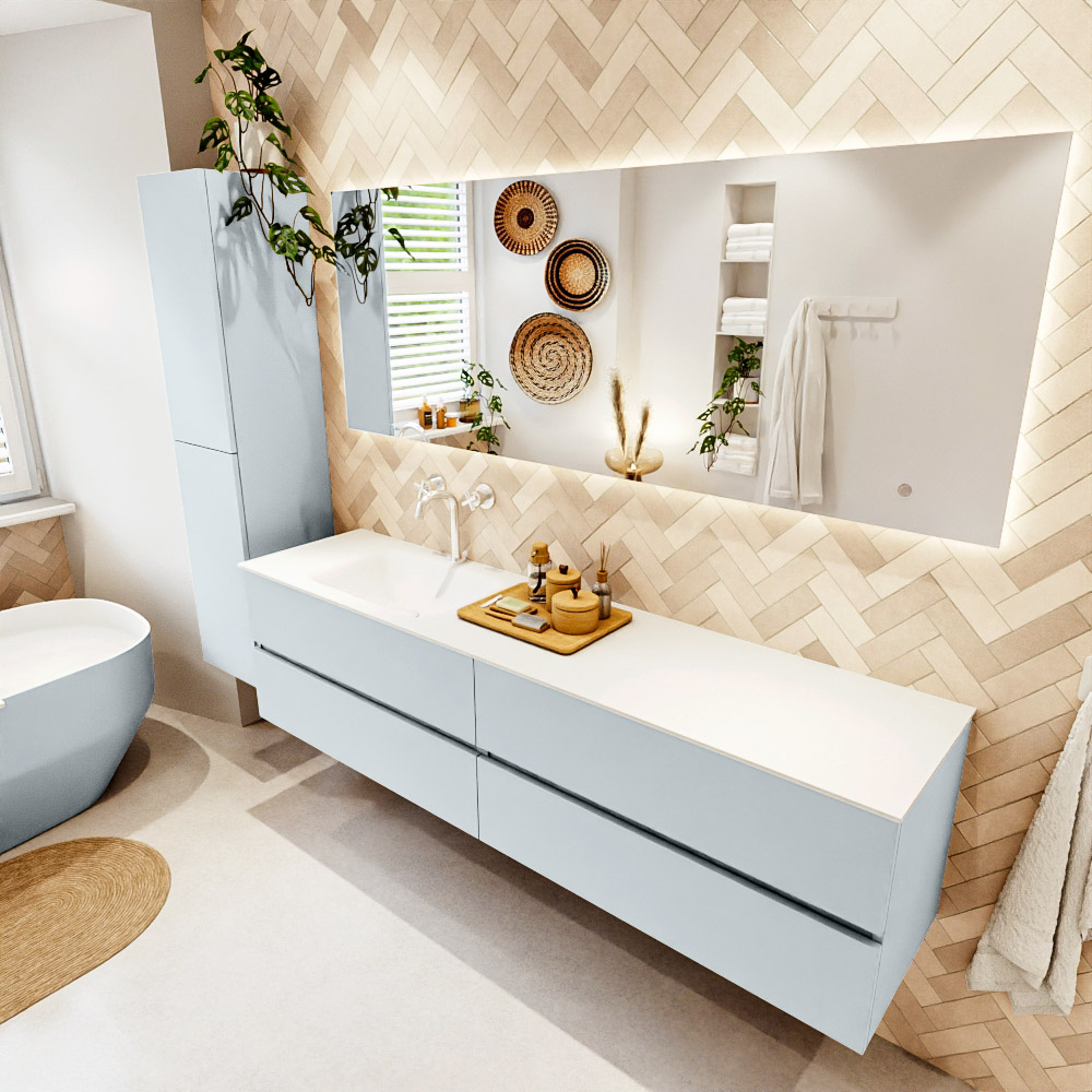 MONDIAZ VICA 190cm mueble de baño Clay 4 cajones. Lavabo CLOUD Izquierda 1 orificio color Talc con espejo LED. 1 MONDIAZ VICA 190cm mueble de baño Clay 4 cajones. Lavabo CLOUD Izquierda 1 orificio color Talc con espejo LED.