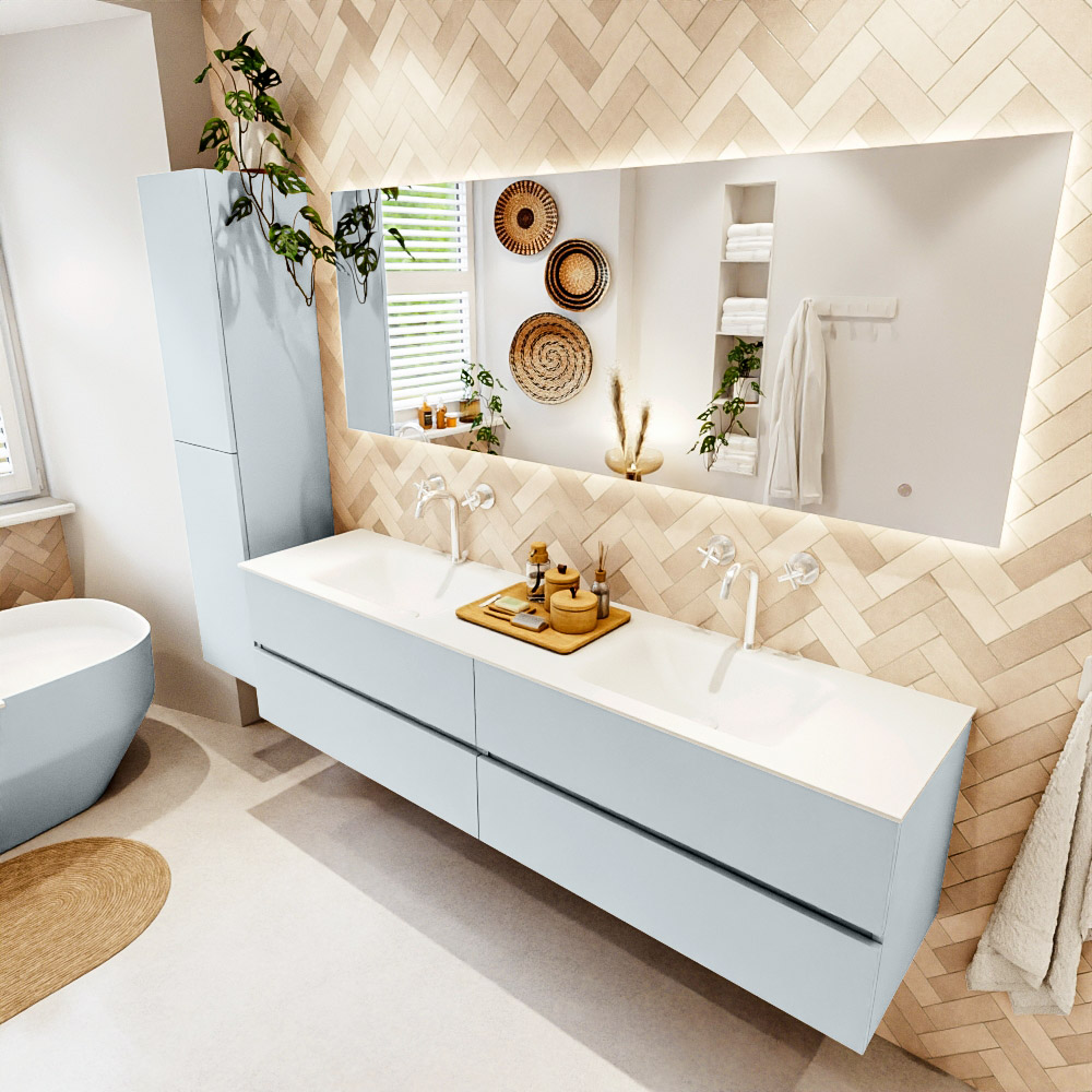 MONDIAZ VICA 190cm mueble de baño Clay 4 cajones. Lavabo CLOUD Doble 2 orificios color Talc con espejo LED. 1 MONDIAZ VICA 190cm mueble de baño Clay 4 cajones. Lavabo CLOUD Doble 2 orificios color Talc con espejo LED.