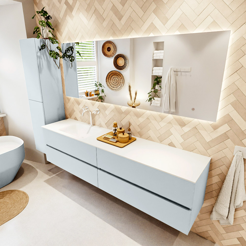 MONDIAZ VICA 200cm mueble de baño Clay 4 cajones. Lavabo CLOUD Izquierda 1 orificio color Talc con espejo LED. 1 MONDIAZ VICA 200cm mueble de baño Clay 4 cajones. Lavabo CLOUD Izquierda 1 orificio color Talc con espejo LED.