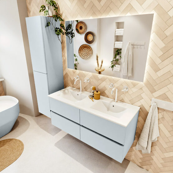 MONDIAZ VICA 120cm mueble de baño Clay 4 cajones. Lavabo DENIA Doble 2 orificios color Blanco brillo con espejo LED.