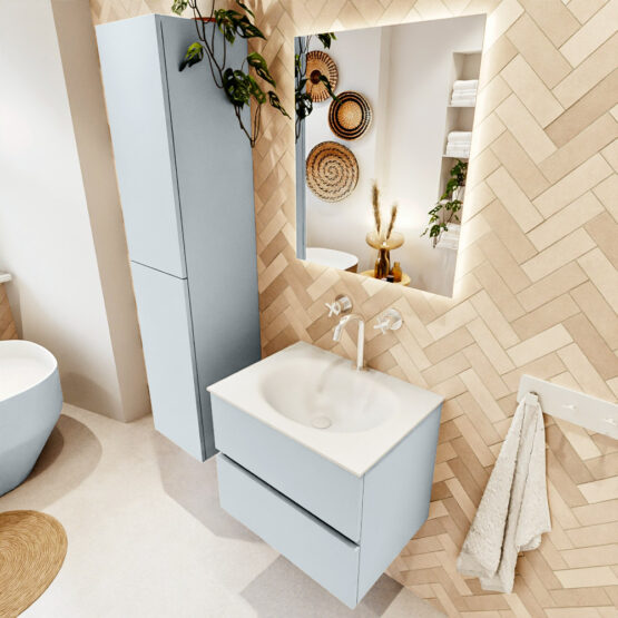 MONDIAZ VICA 60cm mueble de baño Clay 2 cajones. Lavabo MOON Centro 1 orificio color Talc con espejo LED.