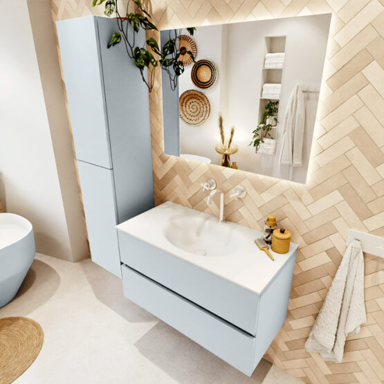 MONDIAZ VICA 90cm mueble de baño Clay 2 cajones. Lavabo MOON Centro 1 orificio color Talc con espejo LED.