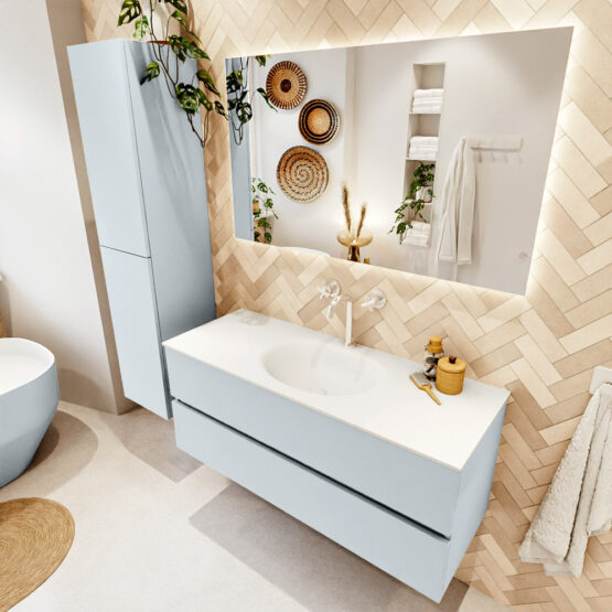MONDIAZ VICA 120cm mueble de baño Clay 2 cajones. Lavabo MOON Centro 1 orificio color Talc con espejo LED.