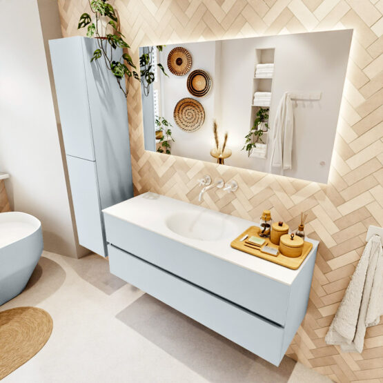 MONDIAZ VICA 130cm mueble de baño Clay 2 cajones. Lavabo MOON Centro sin orificio color Talc con espejo LED.