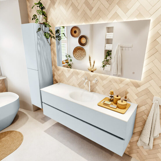 MONDIAZ VICA 150cm mueble de baño Clay 2 cajones. Lavabo MOON Centro 1 orificio color Talc con espejo LED.